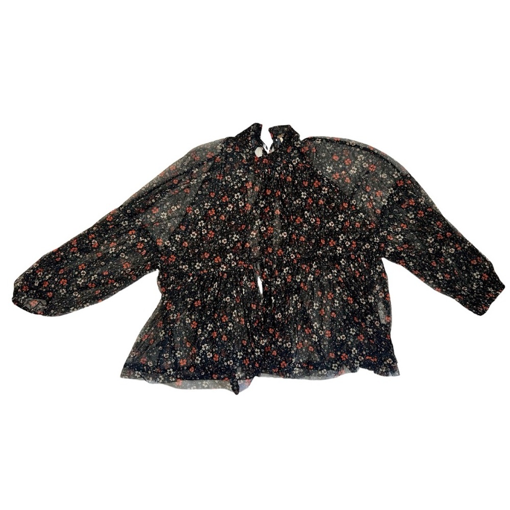 FREE PEOPLE Mesh/ Sheer Floral Tie Back Blouse